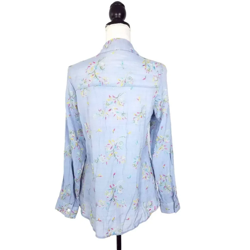 Hope Springs Floral Embroidery Twist Front Button Down Shirt Blue Size Medium - Picture 3 of 6
